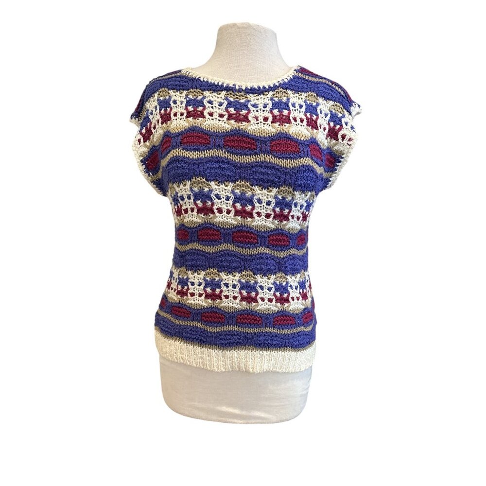 Vintage Victoire Crochet Knit Sweater Vest Size M 100% Acrylic Multicolor Stripe
